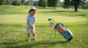 Illustration of a toddler practicing their golf swing outdoors with a miniature junior golf bag for toddlers resting nearby.