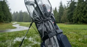 Universal fit golf bag rain cover with adjustable drawstring and secure strap closures.
