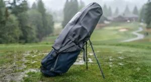 A universal fit golf bag rain cover for stand bags securely attached around the golf cart or stand legs.