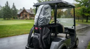 Universal fit golf bag rain cover attached securely over cart bag compartments for travel.