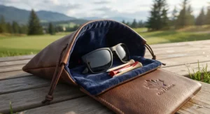 Open velour-lined golf valuables pouch holding polarized sunglasses and golf tees.