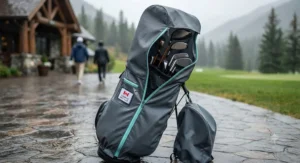 Water-resistant golf bag rain cover featuring an easy-access zipper and protective hood.