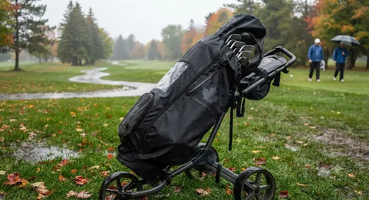 Waterproof golf bag rain cover keeping golf clubs dry during a rainy round in Canada
