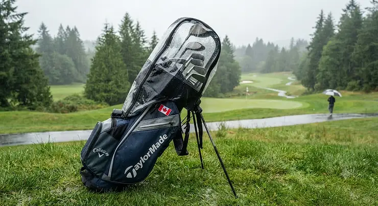 Waterproof golf bag rain cover protecting clubs during a wet round on a Canadian golf course.