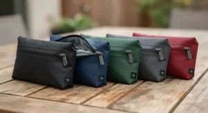 Multiple colour choices of the waterproof golf valuables pouch displayed side by side on a wooden surface.