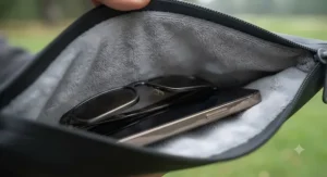 Open interior of a waterproof golf valuables pouch showing soft microfiber lining to protect sunglasses and screens.