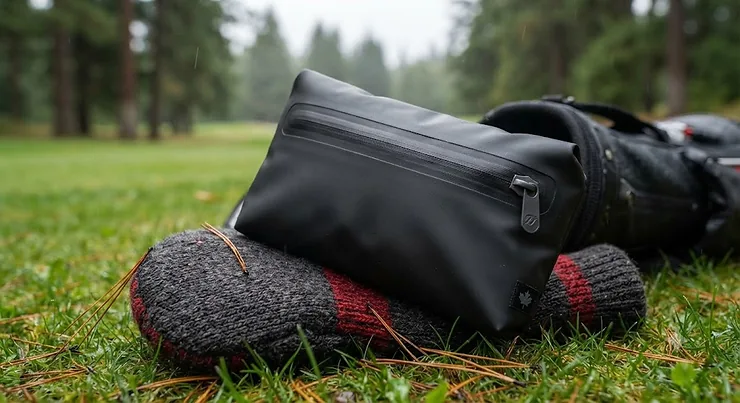 Black waterproof golf valuables pouch resting on a club head cover, designed to keep gear dry during rainy rounds in Canada.