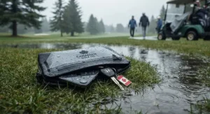 Waterproof golf valuables pouch protecting a phone and keys during a rainy round of golf in Canada.