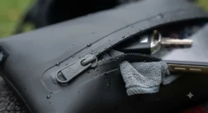 Close-up of the sealed waterproof zipper on a golf valuables pouch, protecting phones and keys from moisture on the golf course.