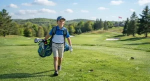 A young junior golfer comfortably carrying a lightweight junior golf bag for kids with dual ergonomic straps during a round.