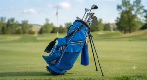 Youth golf stand bag with comfortable dual carry straps resting upright on durable support legs for easy access on the fairway.