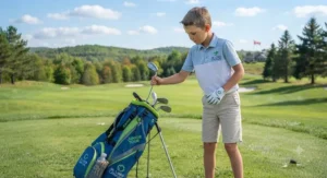 A youth golfer selecting a club from the divider top of a lightweight junior golf bag for kids on a golf course.