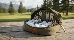 Durable zippered golf valuables pouch filled with golf markers, divot tools, and spare balls.