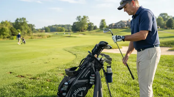 A compact golf cooler attachment fitted neatly onto a golfer's bag for a quick nine holes.