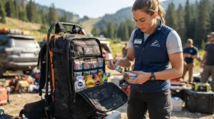 Checking the can count inside a portable golf bag cooler attachment for cans before teeing off in British Columbia.