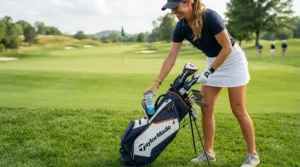 Staying hydrated with a golf bag cooler attachment for cans during a warm afternoon tournament in Quebec.