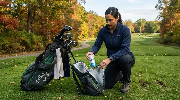 A golfer using their golf bag cooler attachment for cans during a crisp autumn round in Ontario.