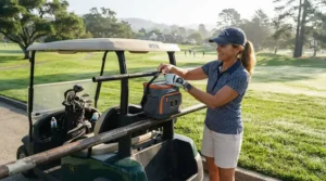 A golfer in Ontario installing golf cart cooler attachments onto a rail during a sunny morning round.