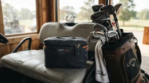 A portable beverage carrier designed as one of the best golf cart cooler attachments for road trips.
