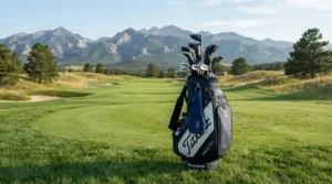A golf cooler attachment securely fastened to a cart bag on a scenic British Columbia golf course.