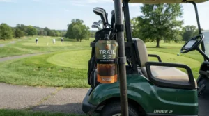 A sleek golf cooler bag with strap under $50 CAD securely attached to the back of a motorized golf cart in Ontario.