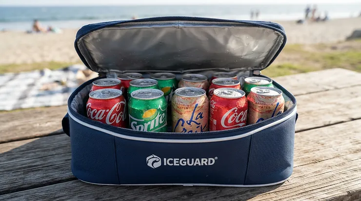 Unzipping a golf cooler bag with strap under $50 CAD filled with cold beverages and ice packs on a warm summer day.