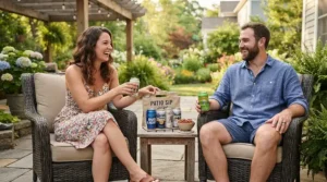 Friends sharing refreshments from a golf cooler bag with strap under $50 CAD near the clubhouse patio after a game.