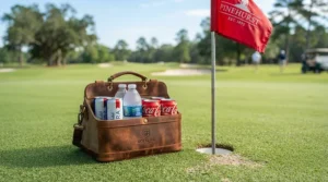A golf cooler bag with strap under $50 CAD resting on the lush grass of a Canadian golf course fairway during a sunny afternoon.