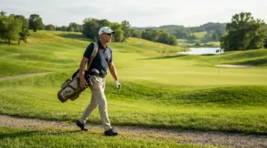 A golfer carrying a golf cooler bag with strap under $50 CAD over their shoulder while walking between holes in British Columbia.