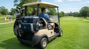 Golf cooler bags for hot weather mounted securely on a power cart during a sunny afternoon round on a Canadian course.