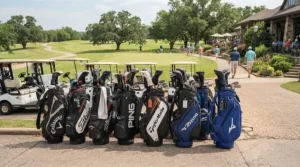 Golf cooler bags for hot weather packed for a weekend foursome enjoying a bright summer afternoon.