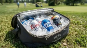 Golf cooler bags for hot weather packed with ice and drinks to keep beverages cold during July tournament play.