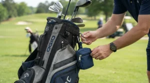 A golfer clipping golf valuables pouches for smartphones onto a stand bag at a golf course in Nova Scotia.