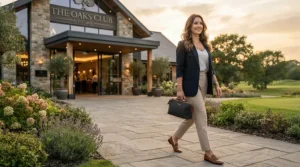 A golfer carrying compact golf valuables pouches for smartphones into the clubhouse patio after a round in New Brunswick.
