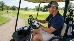 A golfer checking course GPS on golf valuables pouches for smartphones attached to a golf cart during a sunny round in Ontario.