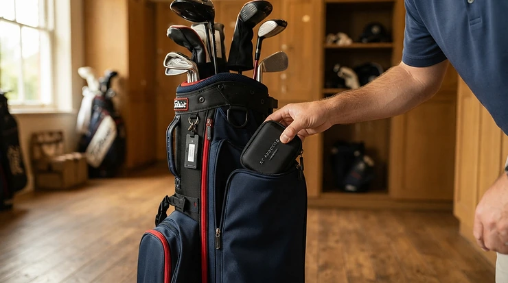 Storing golf valuables pouches for smartphones in the side apparel pocket of a golf bag in Manitoba.