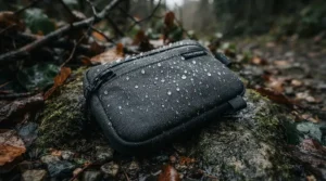 Water droplets beading on weather-resistant golf valuables pouches for smartphones during a rainy day on a Saskatchewan fairway.