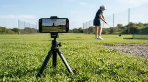 Using a recording tripod with golf valuables pouches for smartphones to check swing mechanics in Quebec.