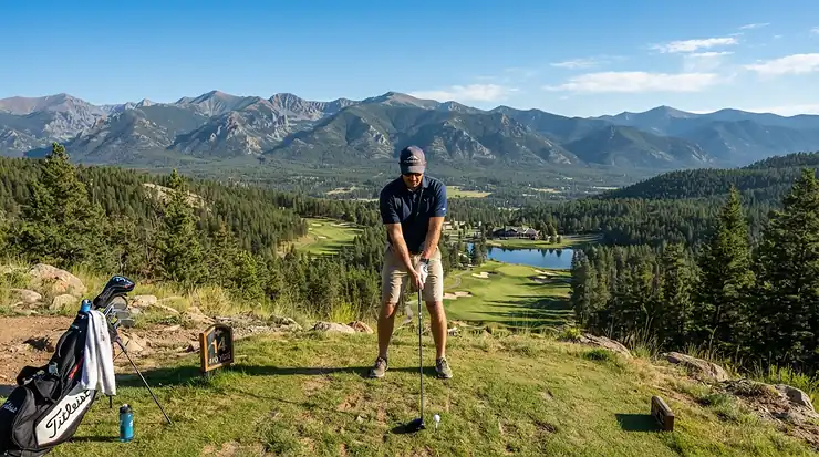 Player with insulated golf cooler bag attachments overlooking a British Columbia mountain golf resort
