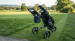 Durable high-performance insulated golf cooler bag attachments mounted on a push cart