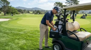 Golfer securing insulated golf cooler bag attachments to a cart on a sunny Ontario course
