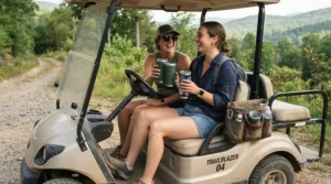 Friendship moment on a Quebec golf course with insulated golf cooler bag attachments ready