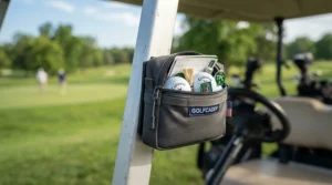 A magnetic golf valuables pouch securely attached to a golf cart frame on a sunny morning in Ontario.
