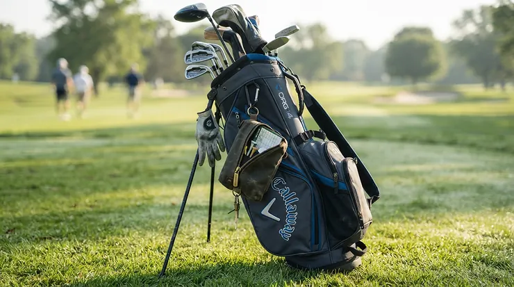 A magnetic golf valuables pouch mounted onto the side pocket of a stand bag on a fairway.