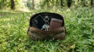 Interior view of a magnetic golf valuables pouch holding a smartphone and car keys safely during a round.