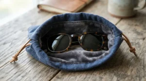 Soft-lined interior of a magnetic golf valuables pouch protecting sunglasses and watch from scratches.