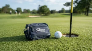 A magnetic golf valuables pouch resting on the turf next to golf balls near the pin.