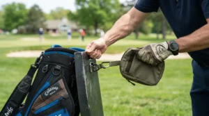 Golfer demonstrating the quick-release feature of a magnetic golf valuables pouch at a British Columbia course.