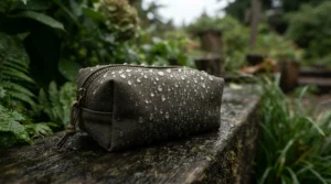 Water-resistant magnetic golf valuables pouch keeping gear dry during a passing drizzle in Alberta.