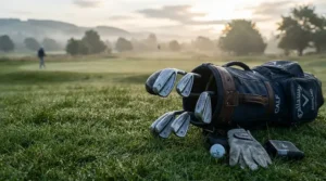 A weatherproof golf cooler attachment enduring morning dew and mist on a prairie golf course.